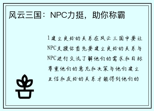 风云三国：NPC力挺，助你称霸